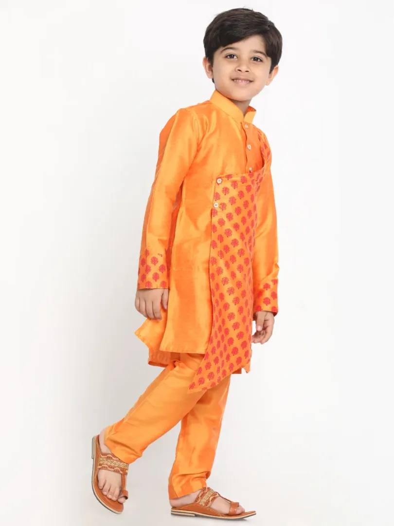 Boys' Orange Cotton Blend Kurta Pyjama Set & Girls' Orange Kurta And Pant Set