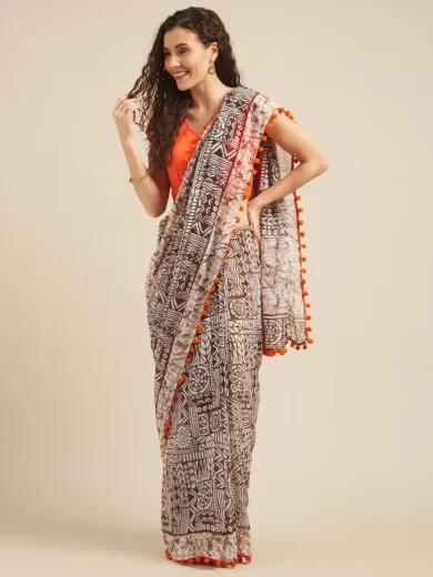 Brown & White Poly Georgette Printed Saree