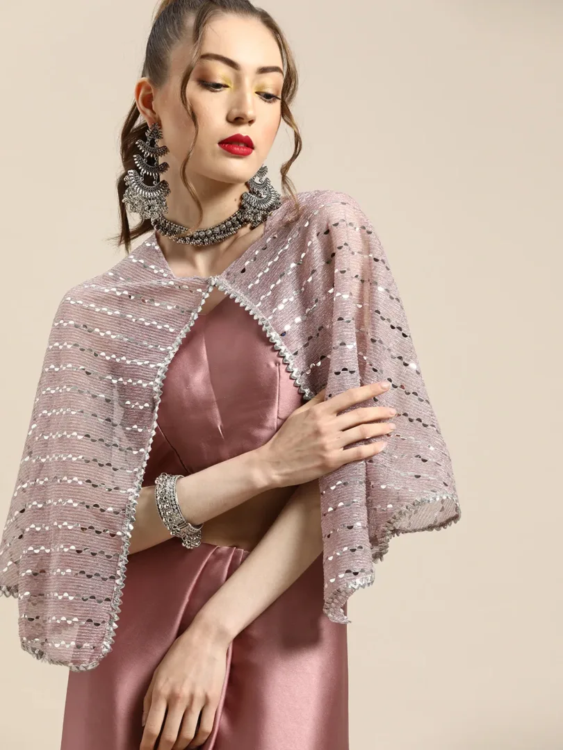 Trendy Mauve Sleek Poly Crepe Saree with Embellished Border & Cape