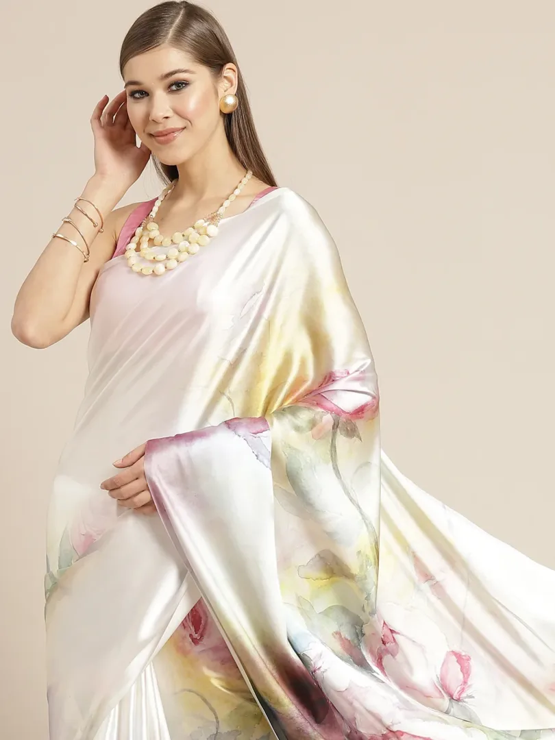 White & Pink Digital Floral Print Saree