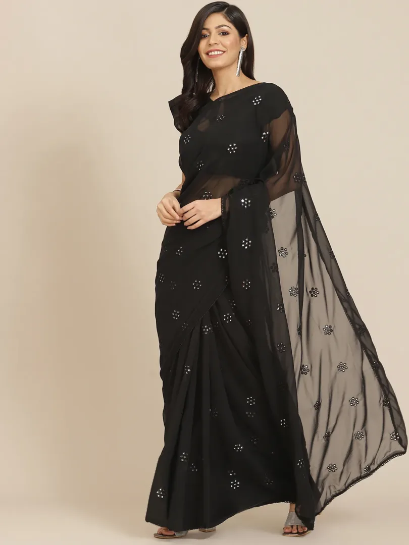 Black Embroidered Mirror-Work Saree