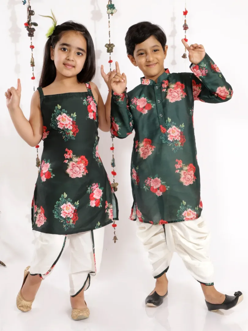 Multicolor-Base-Green Boy'Scotton Blend Kurta And Dhoti Set & Girls' Floral Printed Cotton Silk Kurta And Tulip Pants