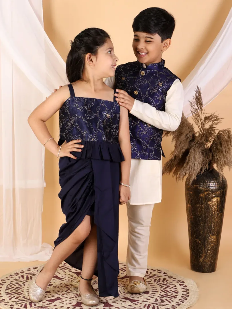 Boys' Navy Blue And Cream Jacket, Kurta and Pyjama Set & Girls' Navy Blue Lehenga Set