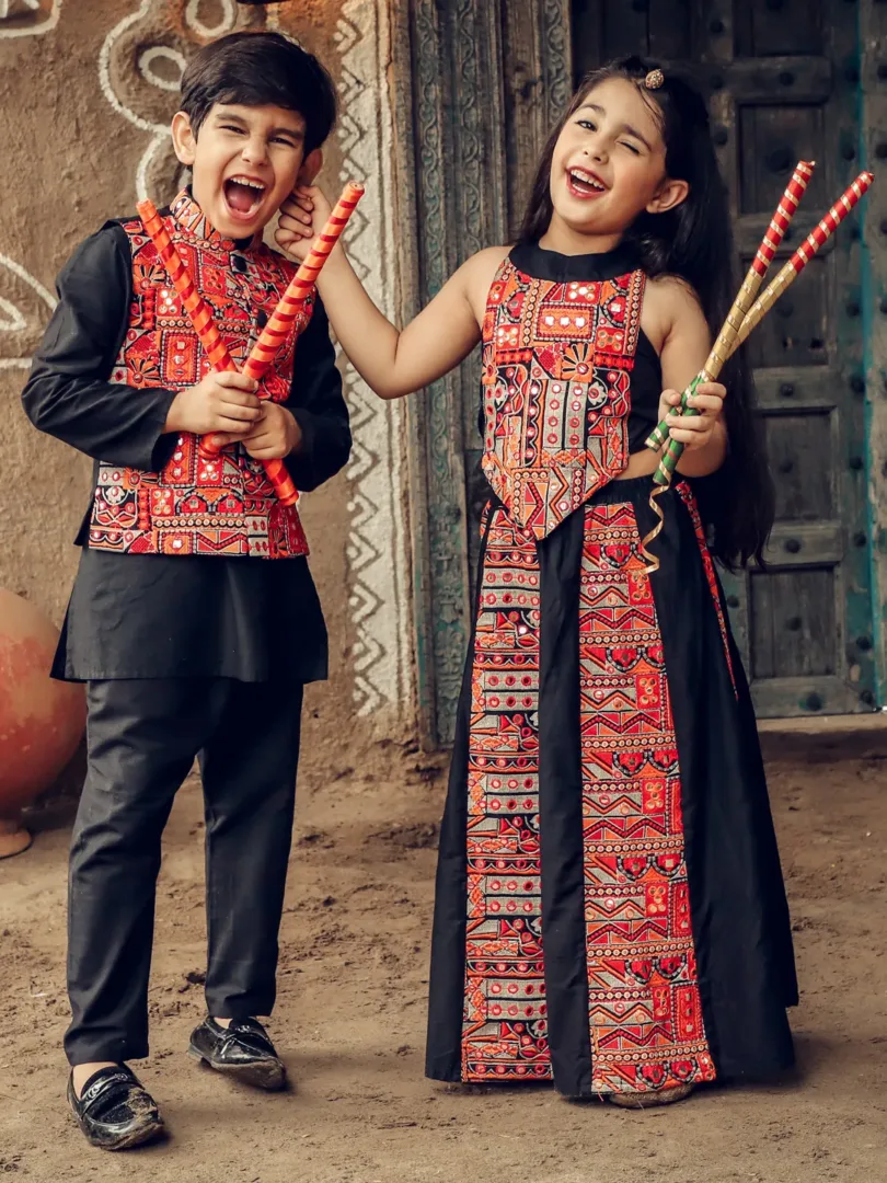 Boys' Orange And Black Jacket, Kurta and Pyjama Set & Girls' Multicolor Lehenga Set