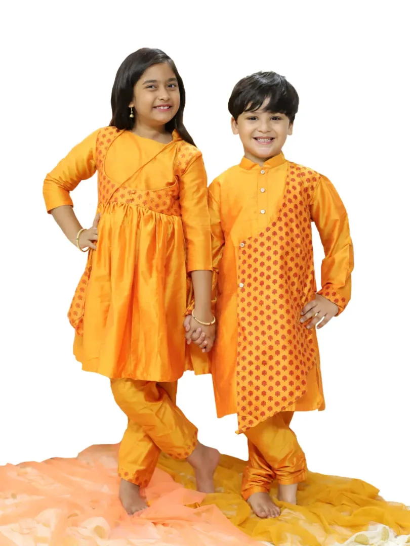 Boys' Orange Cotton Blend Kurta Pyjama Set & Girls' Orange Kurta And Pant Set