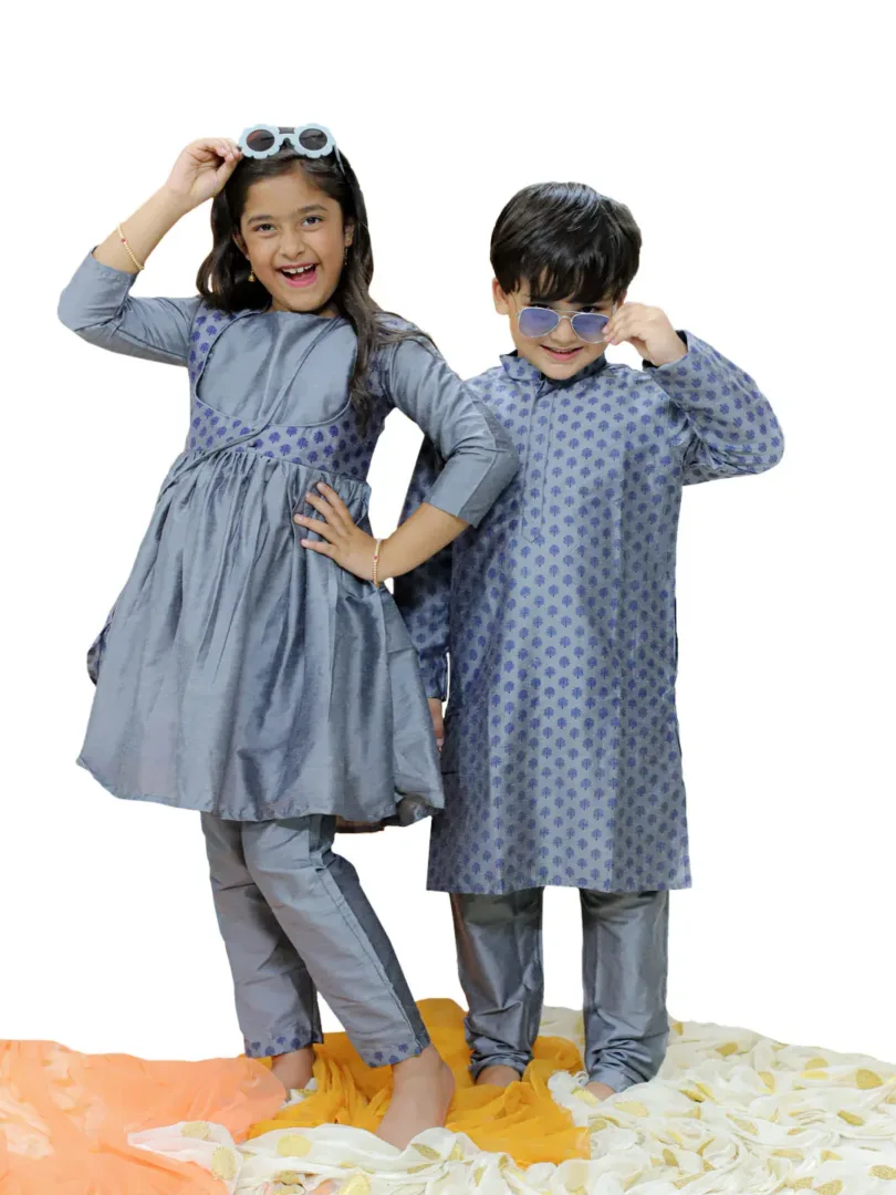 Boys' Grey Cotton Blend Kurta Pyjama Set & Girls' Grey Kurta And Pant Set