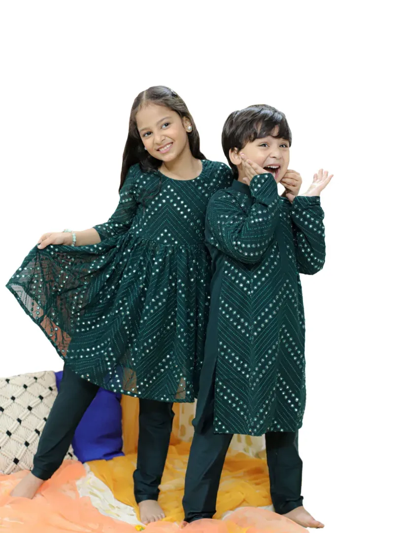 Boys' Green Kurta Pyjama Set & Girls' Green Kurta And Churidar