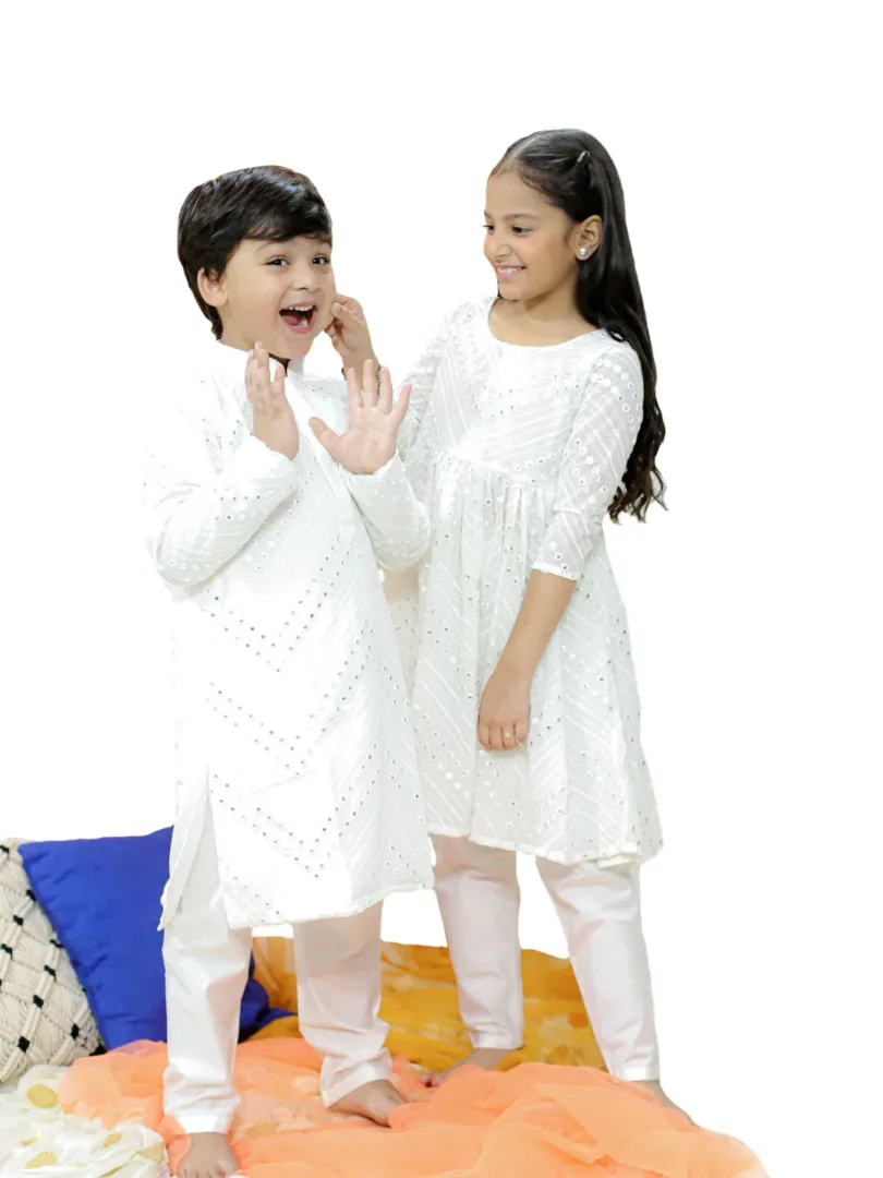 Boys' White Kurta Pyjama Set & Girls' White Kurta And Churidar