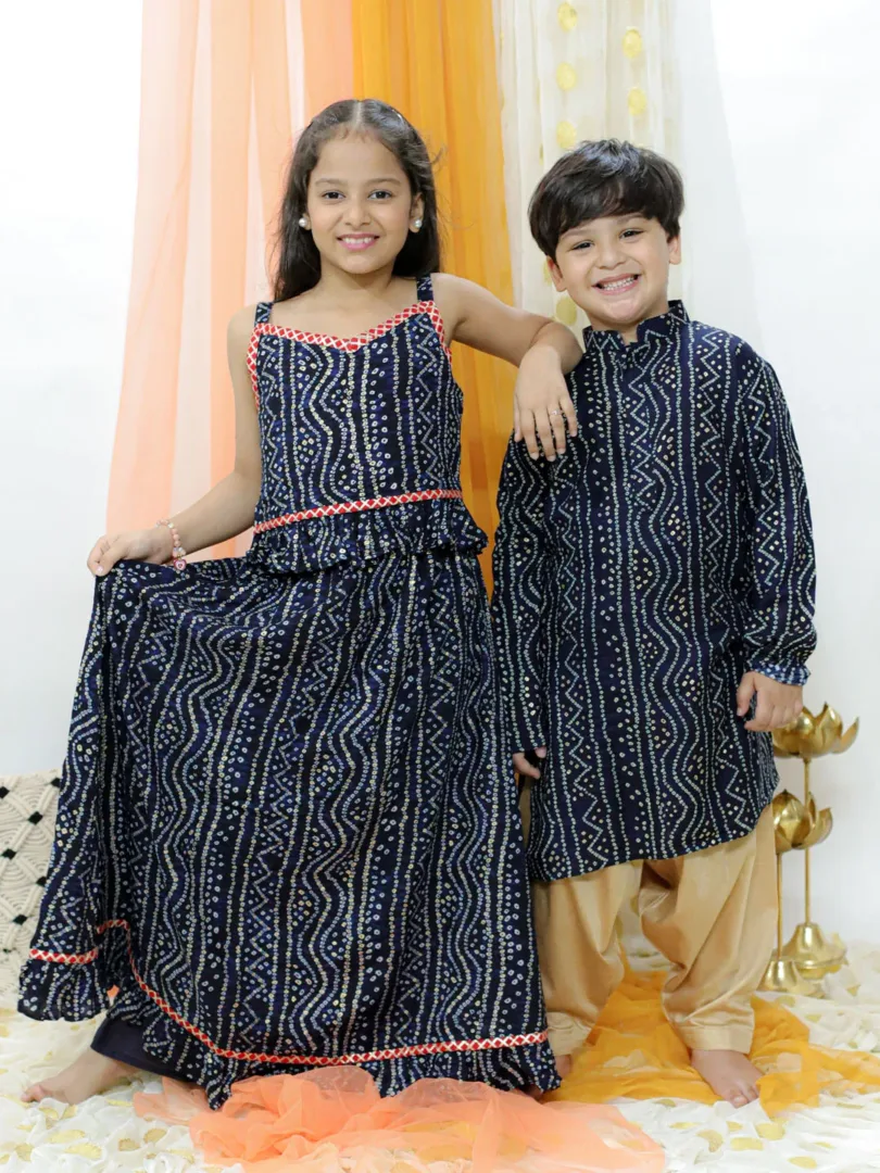 Boys' Blue and Rose Gold Kurta Patiala Set & Girls' Blue Bandhani Lehenga Set