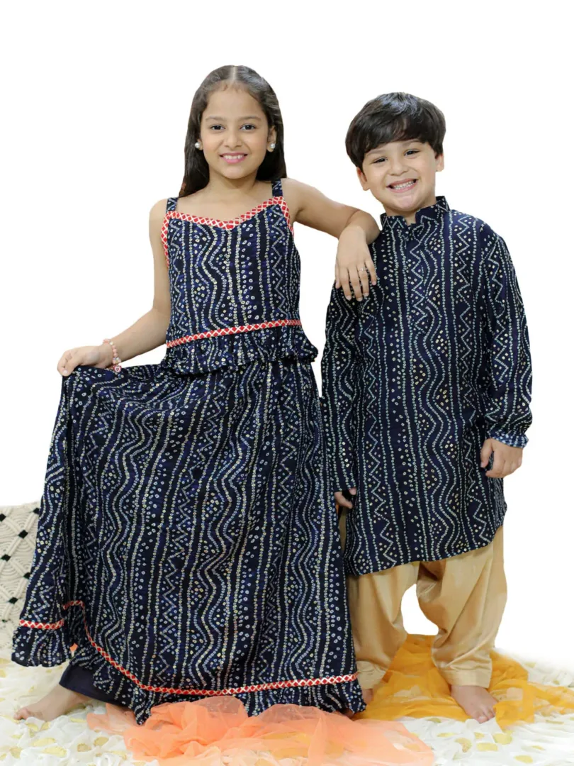 Boys' Blue and Rose Gold Kurta Patiala Set & Girls' Blue Bandhani Lehenga Set