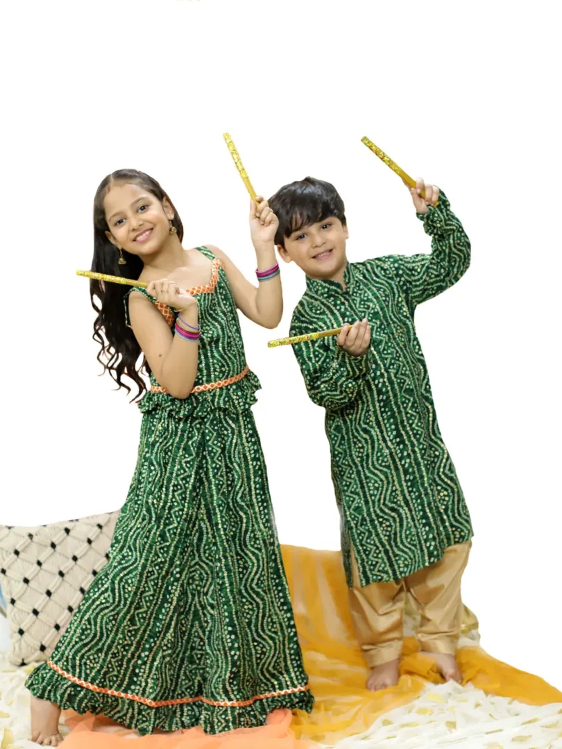 Boys' Green and Rose Gold Kurta Patiala Set & Girls' Green Bandhani Lehenga Set