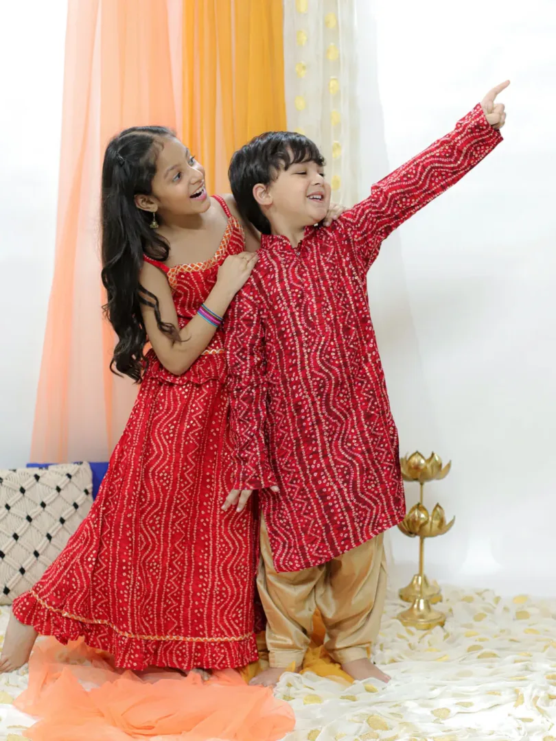 Boys' Maroon and Rose Gold Kurta Patiala Set & Girls' Maroon Bandhani Lehenga Set