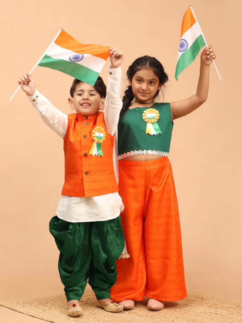 Boys' Tricolor Jacket, Kurta and Dhoti Set.Girls' Orange Green White Palazzo Set