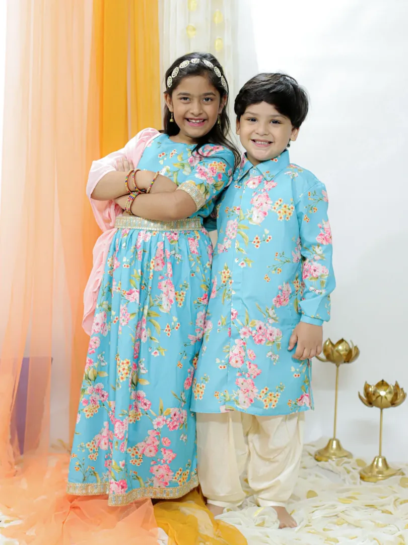 Boys' Multicolor Base Aqua Kurta Patiala Set & Girls' Aqua Lehenga Set