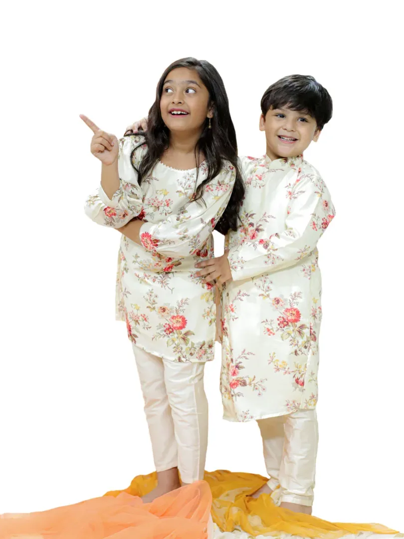 Boys' Multicolor Base Cream Kurta Pyjama Set & Girls' Cream Kurta And Pant Set