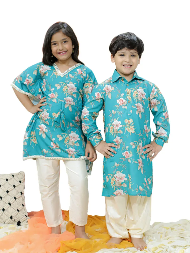 Boys' Multicolor Base Turquoise Kurta Patiala Set & Girls' Turquoise And Cream Kaftan And Pant Set