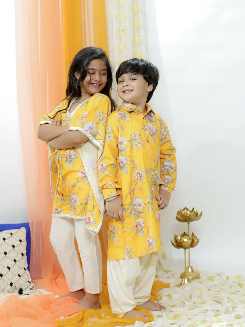 Boys' Multicolor Base Yellow Kurta Patiala Set & Girls' Yellow And Cream Kaftan And Pant Set