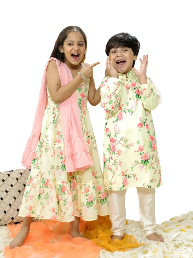 Boys' Multicolor Base Yellow Kurta Pyjama Set & Girls' Yellow Anarkali And Dupatta Set