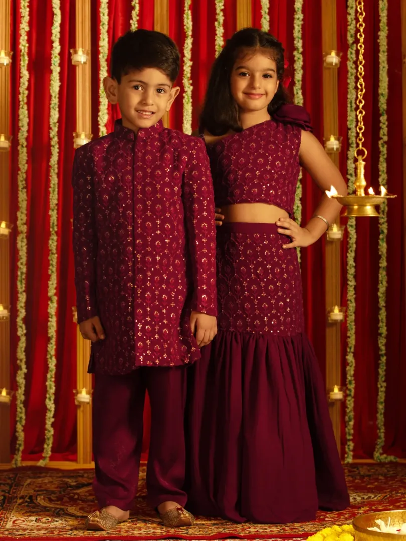 Wine Bhai Behen Siblings Matching Set Boy'S Indowestern With Pyjama Set & Girl'S Top & Fish Cut Skirt