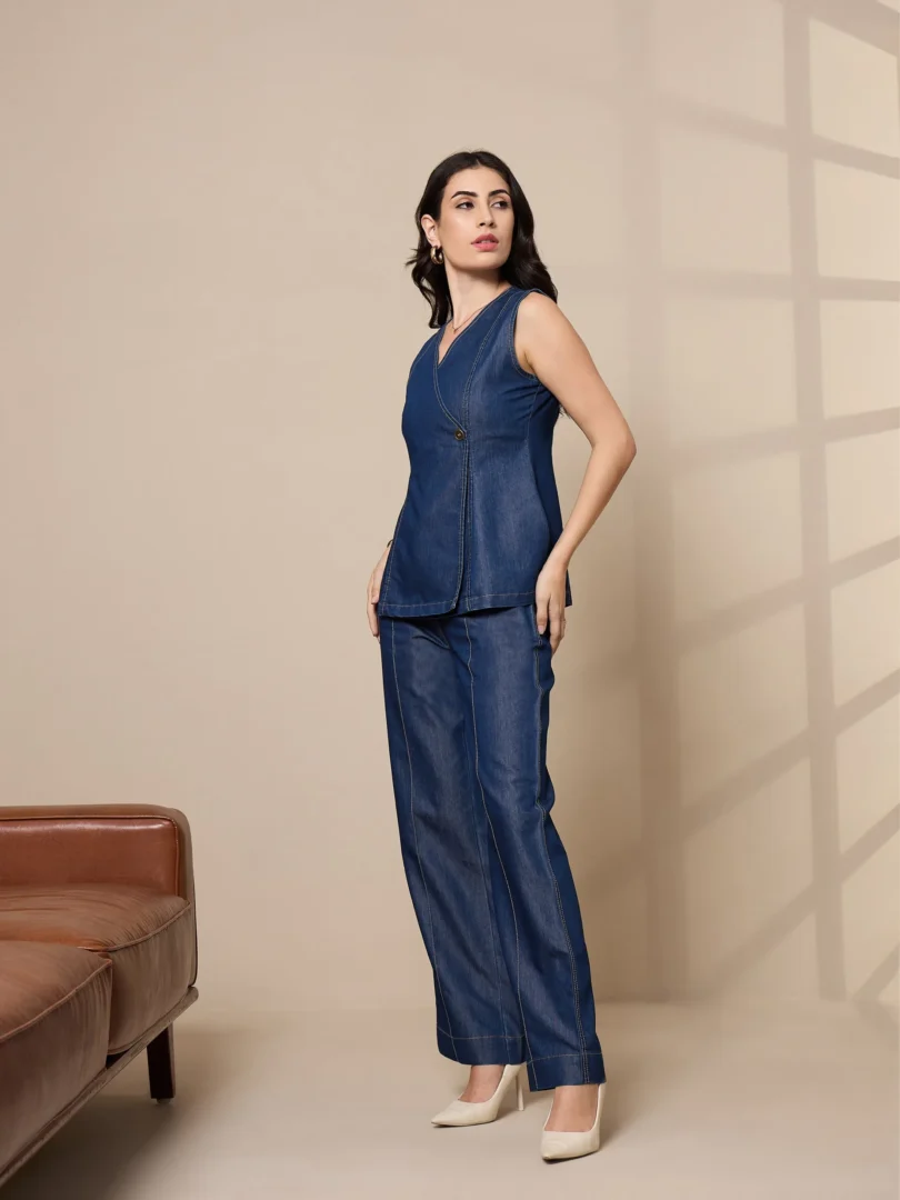 Women Blue Tencel Vest Top With Pants