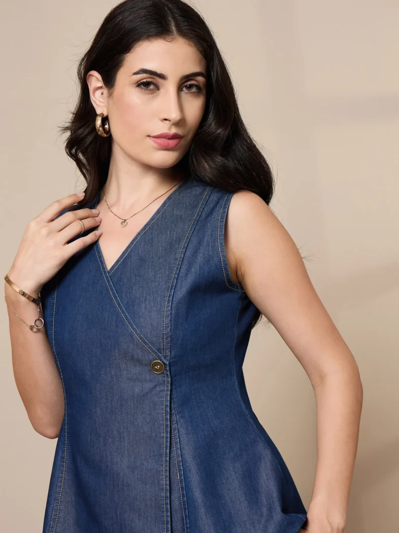 Women Blue Tencel Vest Top With Pants