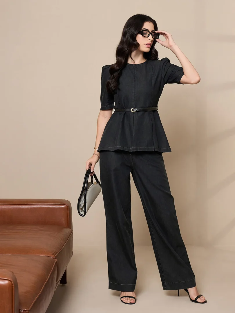 Women Black Tencel Peplum Top With Straight Pants