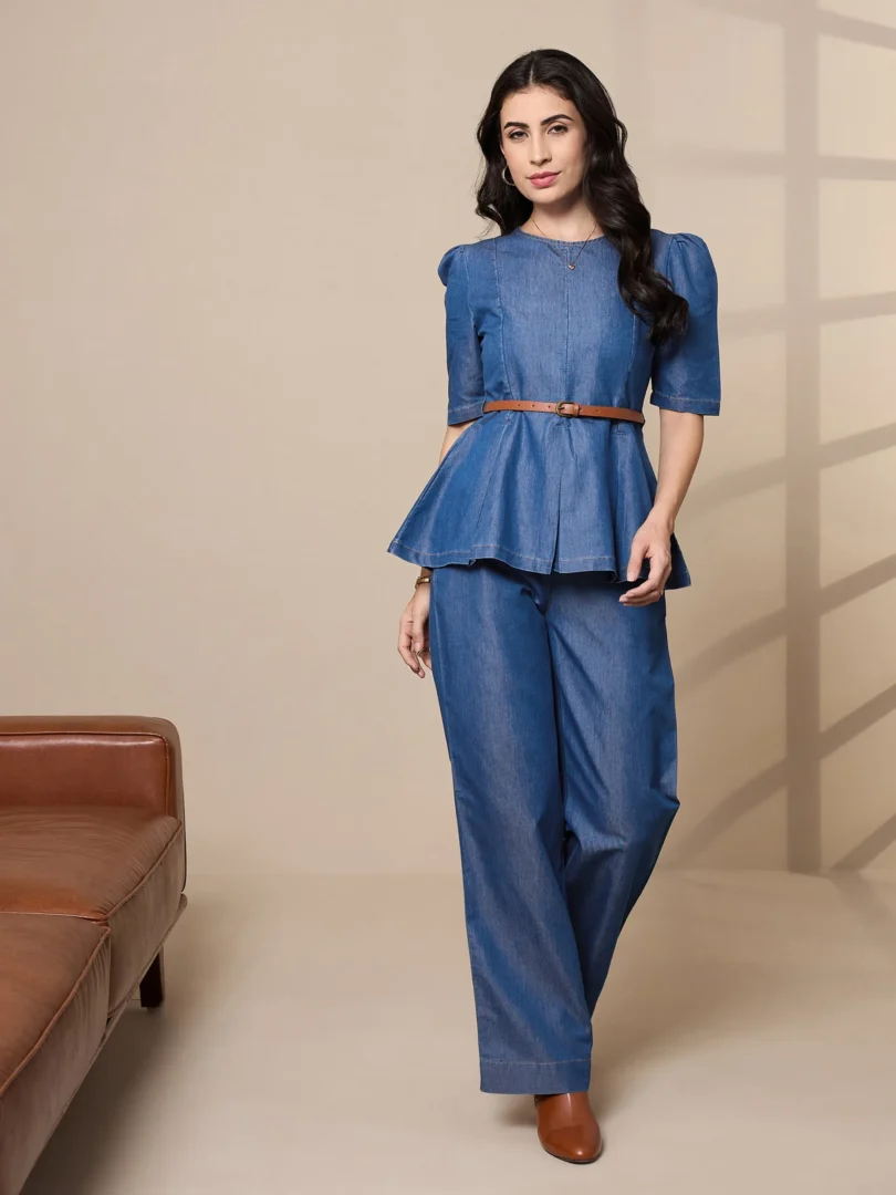 Women Blue Tencel Peplum Top With Straight Pants